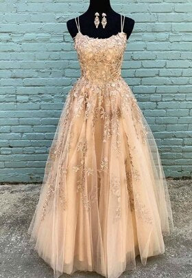 White Nude A-Line Prom Dresses 2025 Crystal Lace Flower Spaghetti Strap Graduation School Party Gown LA70506