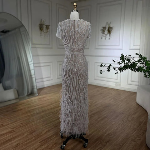 White Nude Ankle Length Beaded Evening Dress with Feathers LA72076A