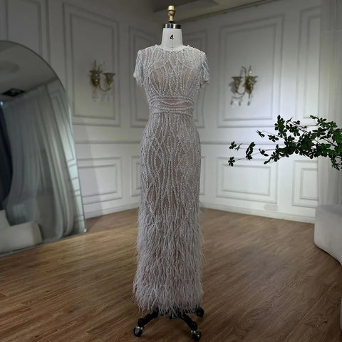 White Nude Ankle Length Beaded Evening Dress with Feathers LA72076A