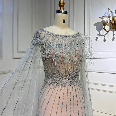 White Nude Elegant Mermaid Evening Dresses Gowns 2025 Feathers With Cape Sleeves Beaded For Women Party LA71724