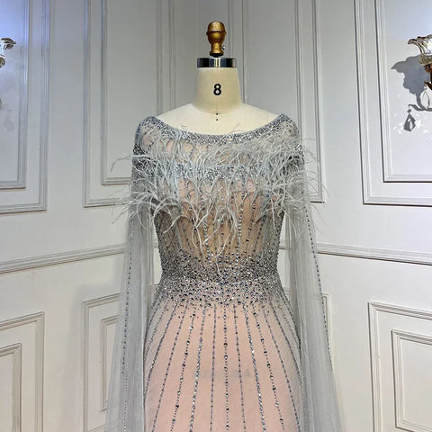 White Nude Elegant Mermaid Evening Dresses Gowns 2025 Feathers With Cape Sleeves Beaded For Women Party LA71724