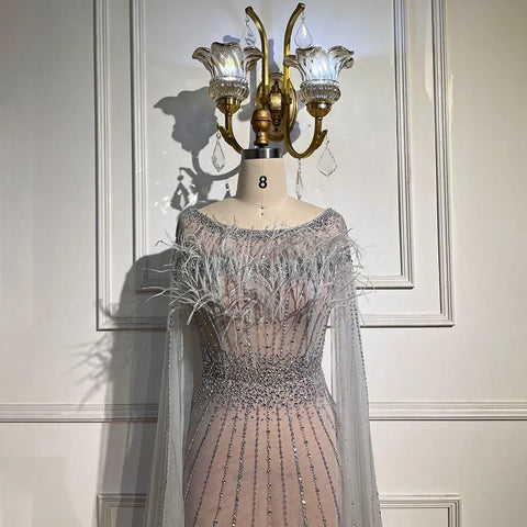 White Nude Elegant Mermaid Evening Dresses Gowns 2025 Feathers With Cape Sleeves Beaded For Women Party LA71724