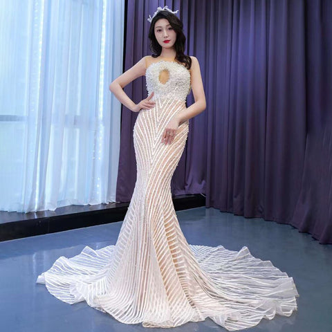 White Nude Elegant Mermaid High End Custom Made Pearls Luxury Beaded Lace Up Bride Gowns Wedding Dress 2025 HM67445