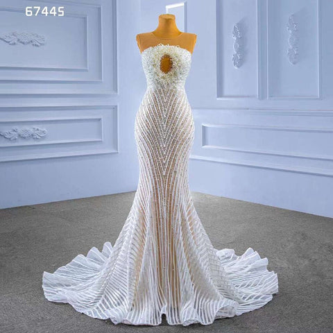 White Nude Elegant Mermaid High End Custom Made Pearls Luxury Beaded Lace Up Bride Gowns Wedding Dress 2025 HM67445