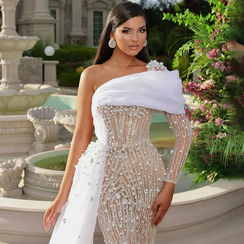 White Nude Elegant One Shoulder Evening Dresses Gowns Luxury Pearls Beaded for Women Wedding Party 2025 LA72493