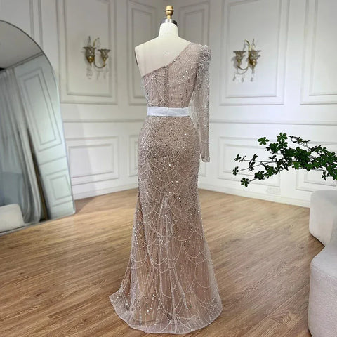 White Nude Mermaid One Shoulder High Split Beaded Luxury Evening Dresses Gowns For Women Wedding Party 2025 LA72269