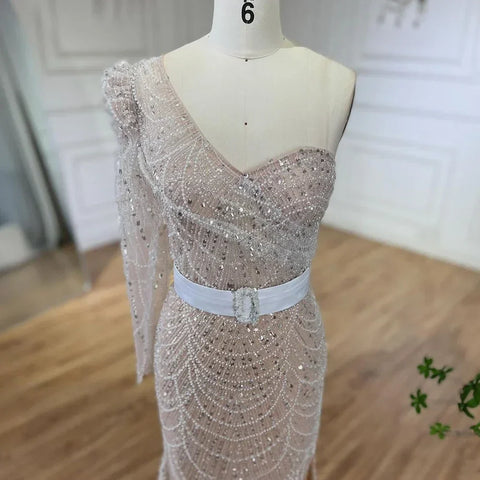 White Nude Mermaid One Shoulder High Split Beaded Luxury Evening Dresses Gowns For Women Wedding Party 2025 LA72269