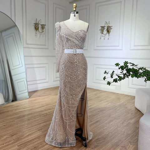 White Nude Mermaid One Shoulder High Split Beaded Luxury Evening Dresses Gowns For Women Wedding Party 2025 LA72269