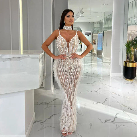 White Nude Mermaid Spaghetti Strap Beaded Feather Evening Dress Gown LA72047