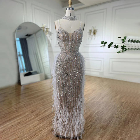 White Nude Mermaid Spaghetti Strap Beaded Feather Evening Dress Gown LA72047