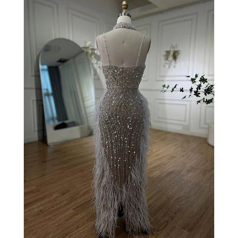 White Nude Mermaid Spaghetti Strap Beaded Feather Evening Dress Gown LA72047