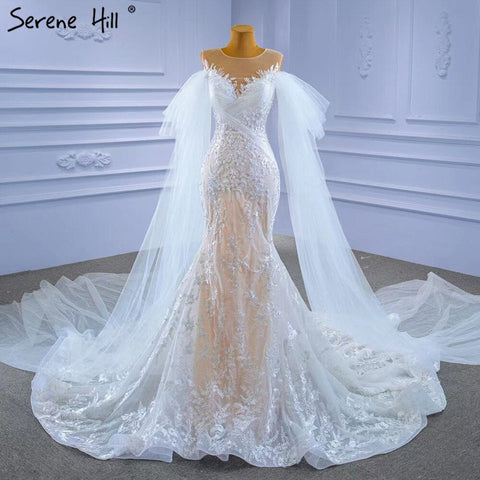 White Nude Mermaid Wedding Dresses 2025 Beaded Lace Elegant Cape Sleeves Bride Gowns HM67294 Custom Made