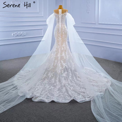 White Nude Mermaid Wedding Dresses 2025 Beaded Lace Elegant Cape Sleeves Bride Gowns HM67294 Custom Made