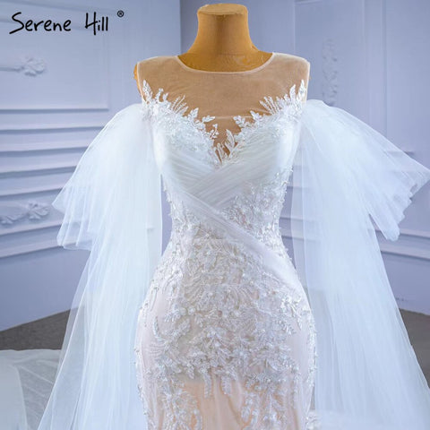 White Nude Mermaid Wedding Dresses 2025 Beaded Lace Elegant Cape Sleeves Bride Gowns HM67294 Custom Made