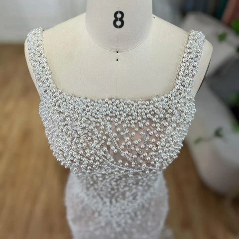 White Nude Spaghetti Strap Mermaid Evening Dresses Gowns Luxury Pearls Beaded For Women Wedding Party 2025 LA72266
