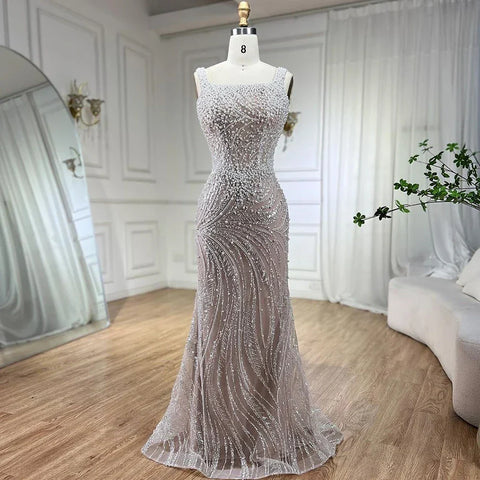 White Nude Spaghetti Strap Mermaid Evening Dresses Gowns Luxury Pearls Beaded For Women Wedding Party 2025 LA72266