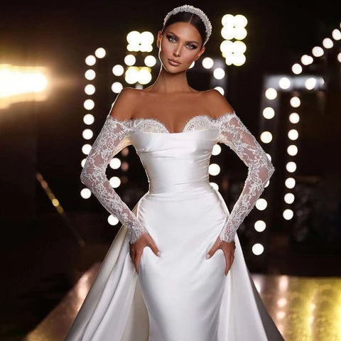 White Off Shoulder Satin Mermaid Overskirt Wedding Dresses Elegant Bridal Gowns Engagement Party For Women HA2529