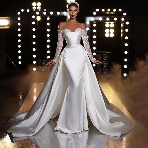 White Off Shoulder Satin Mermaid Overskirt Wedding Dresses Elegant Bridal Gowns Engagement Party For Women HA2529