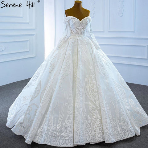 White Off Shoulder Sexy Wedding Dresses Gowns Luxury Beading Pearls Lace Up Bridal Dress 2025 HM67206 Custom Made