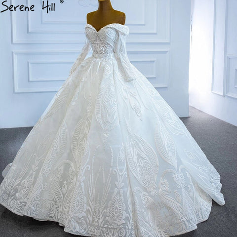 White Off Shoulder Sexy Wedding Dresses Gowns Luxury Beading Pearls Lace Up Bridal Dress 2025 HM67206 Custom Made