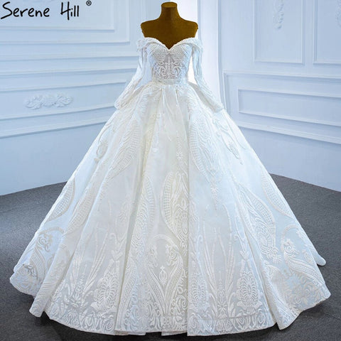 White Off Shoulder Sexy Wedding Dresses Gowns Luxury Beading Pearls Lace Up Bridal Dress 2025 HM67206 Custom Made