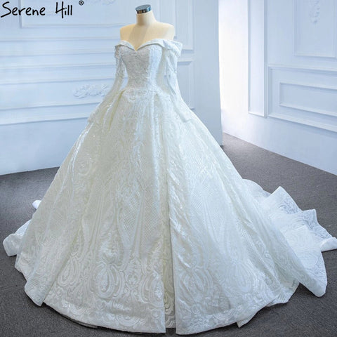 White Off Shoulder Sparkle Wedding Dresses Gowns Luxury Long Sleeves Lace Up Bridal Dress 2025 HM67222