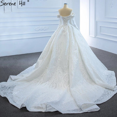 White Off Shoulder Sparkle Wedding Dresses Gowns Luxury Long Sleeves Lace Up Bridal Dress 2025 HM67222