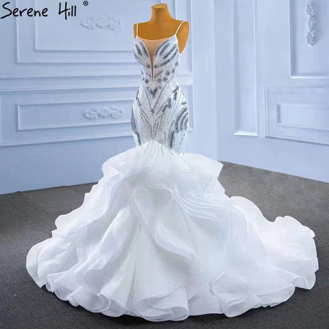 White Ruffles Beaded Luxury Wedding Dresses Gowns 2025 Spaghetti Straps Mermaid Elegant Bridal Dress HM67386