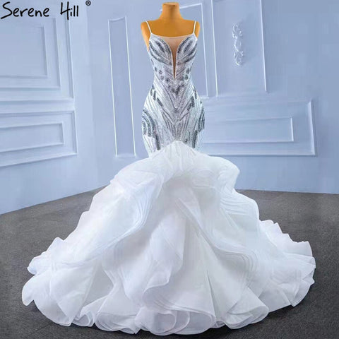 White Ruffles Beaded Luxury Wedding Dresses Gowns 2025 Spaghetti Straps Mermaid Elegant Bridal Dress HM67386