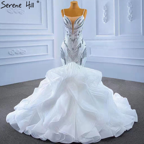 White Ruffles Beaded Luxury Wedding Dresses Gowns 2025 Spaghetti Straps Mermaid Elegant Bridal Dress HM67386