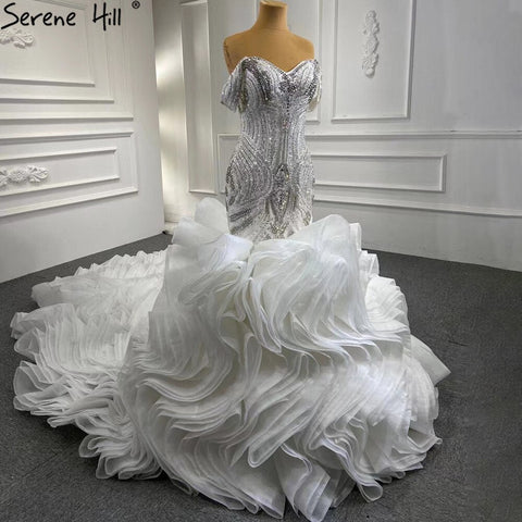 White Ruffles Beaded Wedding Dresses 2025 Mermaid Luxury Elegant Bride Gowns HM67283 Custom Made