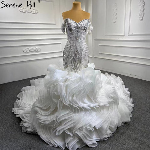 White Ruffles Beaded Wedding Dresses 2025 Mermaid Luxury Elegant Bride Gowns HM67283 Custom Made