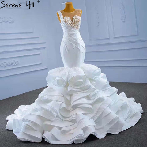 White Ruffles Beaded Wedding Dresses 2025 Sleeveless Luxury High-end Bride Gowns HM67413 Custom Made