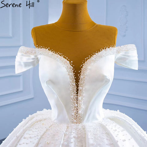 White Satin Beading Pearls Wedding Dresses 2025 Sleeveless High-end Lace Up Bridal Dress HM67240