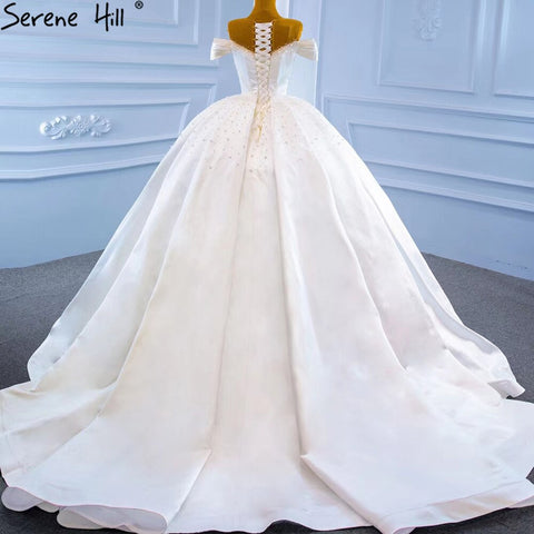 White Satin Beading Pearls Wedding Dresses 2025 Sleeveless High-end Lace Up Bridal Dress HM67240