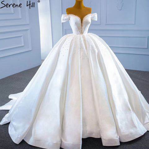 White Satin Beading Pearls Wedding Dresses 2025 Sleeveless High-end Lace Up Bridal Dress HM67240