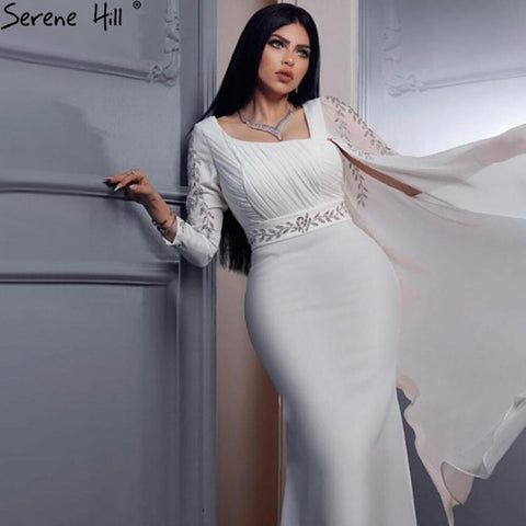 Robe de soirée sirène en satin blanc à manches cape, élégante et sexy, pour femme, modèle LA70712, 2025 