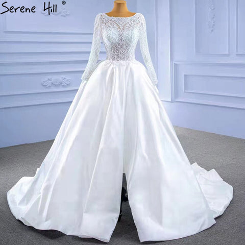 White Satin High Split Wedding Dresses 2025 A-Line Lace Beaded Bride Gowns HM67292 Custom Made