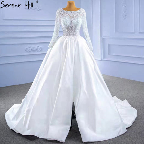 White Satin High Split Wedding Dresses 2025 A-Line Lace Beaded Bride Gowns HM67292 Custom Made