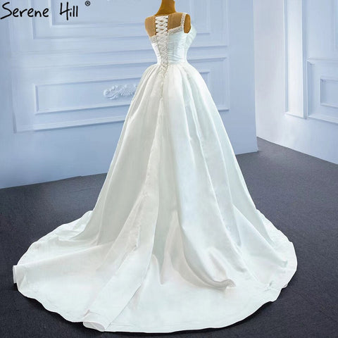 White Satin High Split Wedding Dresses 2025 Beading Pearls Sexy With Train Bridal Dress HM67252 Custom Made