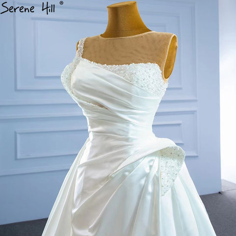 White Satin High Split Wedding Dresses 2025 Beading Pearls Sexy With Train Bridal Dress HM67252 Custom Made