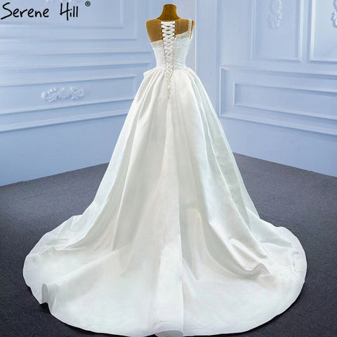 White Satin High Split Wedding Dresses 2025 Beading Pearls Sexy With Train Bridal Dress HM67252 Custom Made