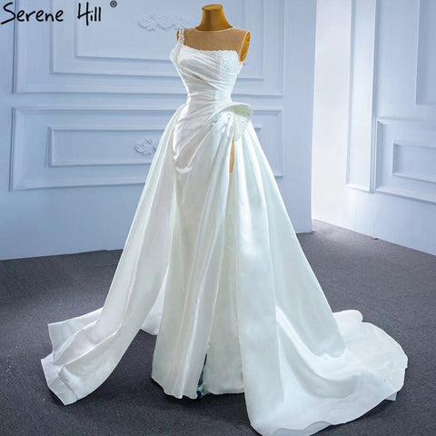 White Satin High Split Wedding Dresses 2025 Beading Pearls Sexy With Train Bridal Dress HM67252 Custom Made