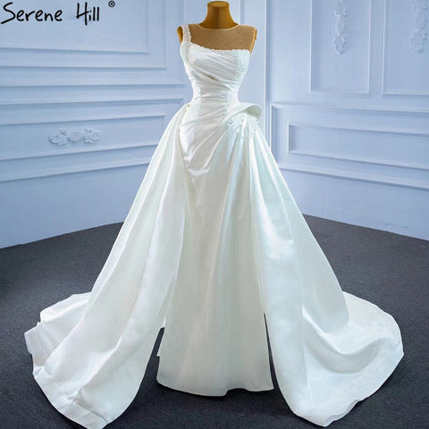 White Satin High Split Wedding Dresses 2025 Beading Pearls Sexy With Train Bridal Dress HM67252 Custom Made