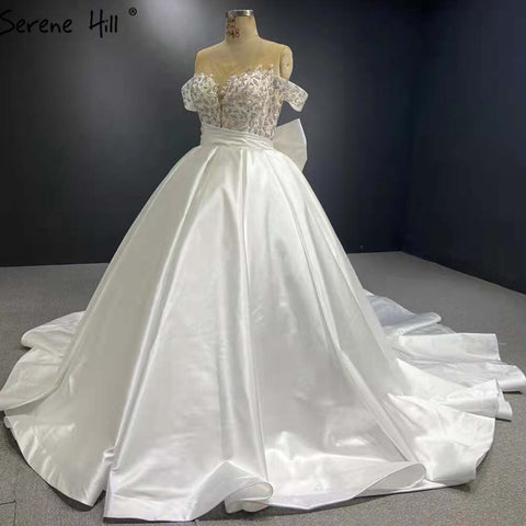 White Satin Lace Up Wedding Dresses 2025 Beaded Bow High-end Bride Gowns HM67412 Custom Made