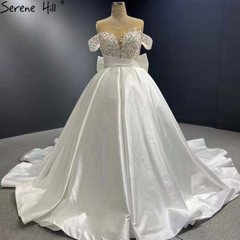 White Satin Lace Up Wedding Dresses 2025 Beaded Bow High-end Bride Gowns HM67412 Custom Made