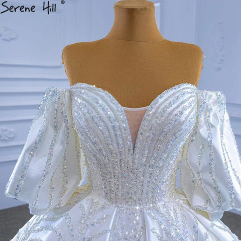 White Satin Luxury Wedding Dresses 2025 Beaded Lantern Sleeve Bride Gowns HM67326 Custom Made
