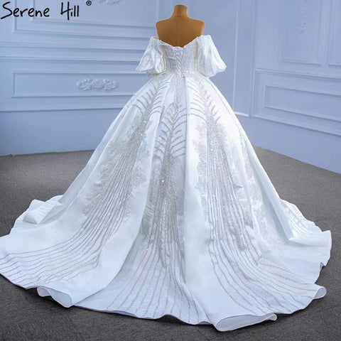 White Satin Luxury Wedding Dresses 2025 Beaded Lantern Sleeve Bride Gowns HM67326 Custom Made