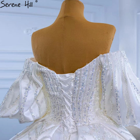 White Satin Luxury Wedding Dresses 2025 Beaded Lantern Sleeve Bride Gowns HM67326 Custom Made