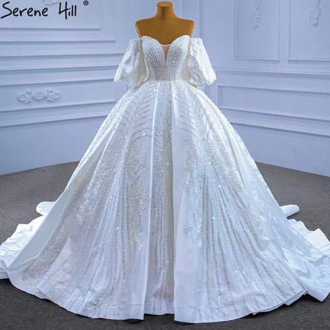 White Satin Luxury Wedding Dresses 2025 Beaded Lantern Sleeve Bride Gowns HM67326 Custom Made